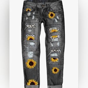 New Boyfriend sunflower leopard black distressed jeans